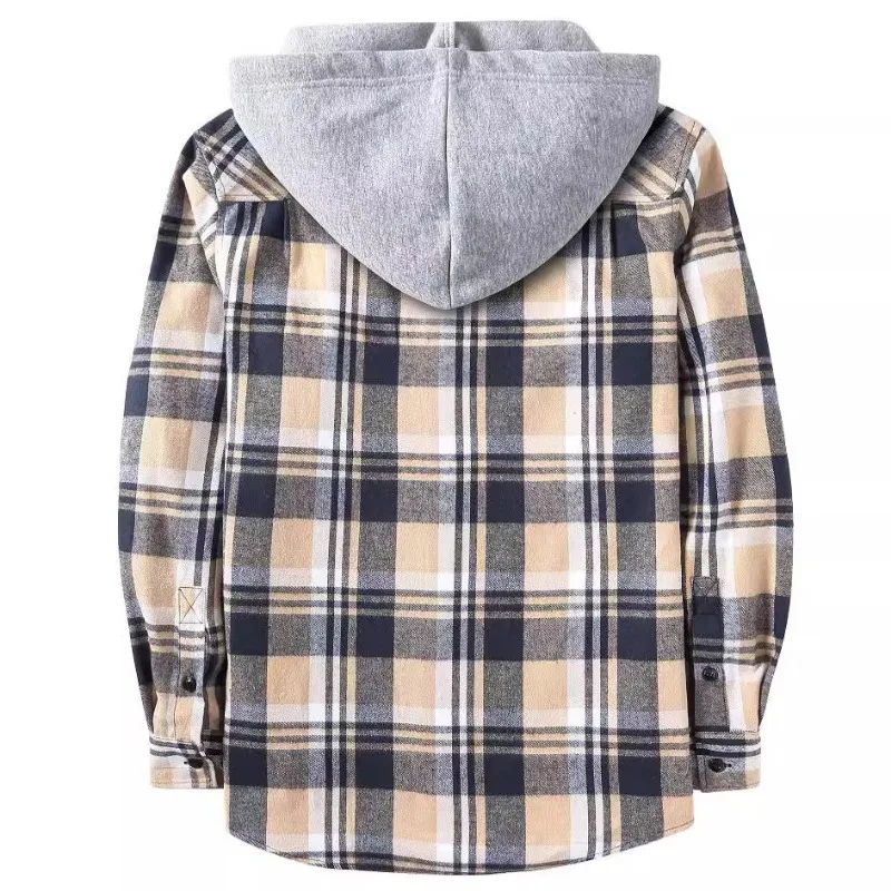 Spring and Autumn Men's Plaid Hooded Flannel Warm Shirt