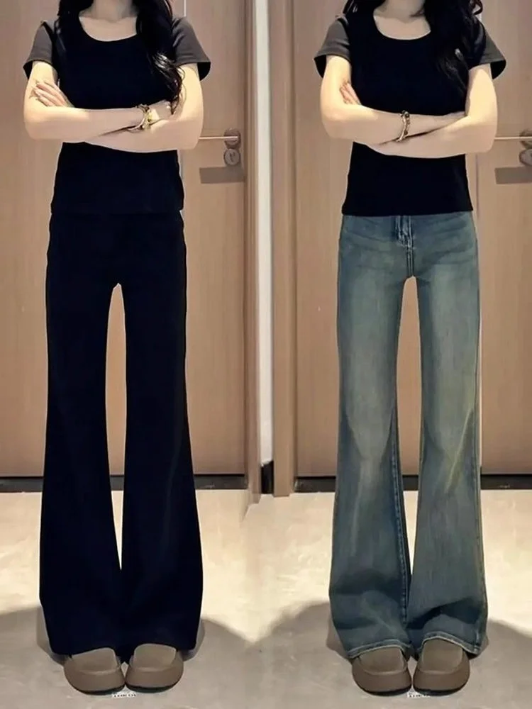 

Женские джинсы-клеш с высокой талией из эластичного денима, американского кроя, свободные, для осеннего сезона, больших размеров, утягивающие, универсальные