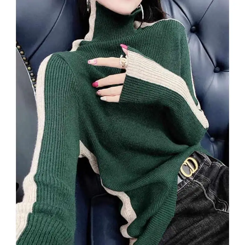 Autumn and Winter Women\'s Pullover High Neck Long Sleeve Contrast Stripe Shirring Slim Fit Fashion Casual Knit Bottom Tops