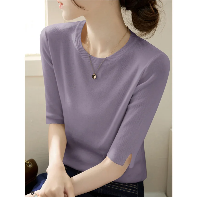 

Lightweight High-End Round-Neck T-Shirt For Women, Summer French-Style Loose-Fitting Five-Sleeve Ice Silk Knit