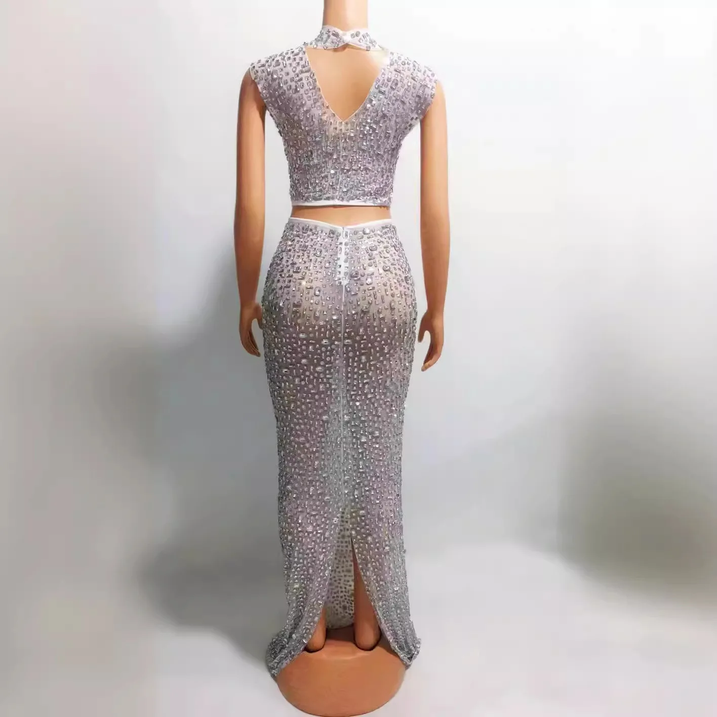 Costume di compleanno Cristalli affascinanti Abito scintillante Donne eleganti Abiti Para Mujer Elegantes Abiti Con Manga Fiesta Elegantes
