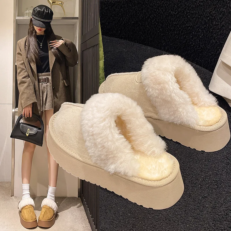 Scarpe con punta coperta Scarpe invernali da donna Pantofole con plateau Scivoli Infradito in pelliccia bassa Tacchi con zoccoli in peluche Stivali da neve Roma Tessuto PU Shearling