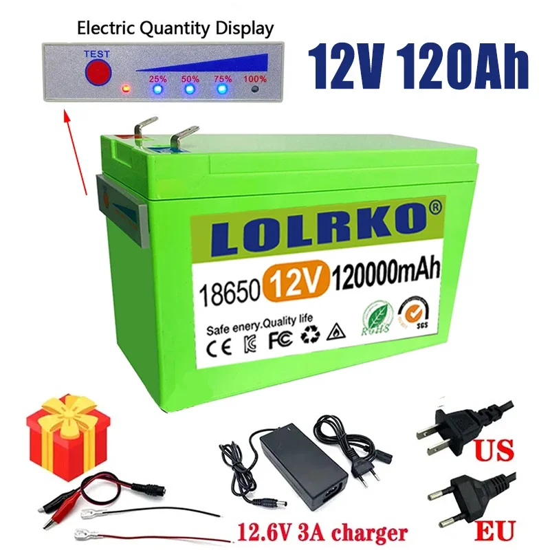 

New Sprayers 12V 120Ah Built-In High Current 30A BMS 18650 Lithium Battery Pack For Electric Vehicle Batterie 12.6V Charger