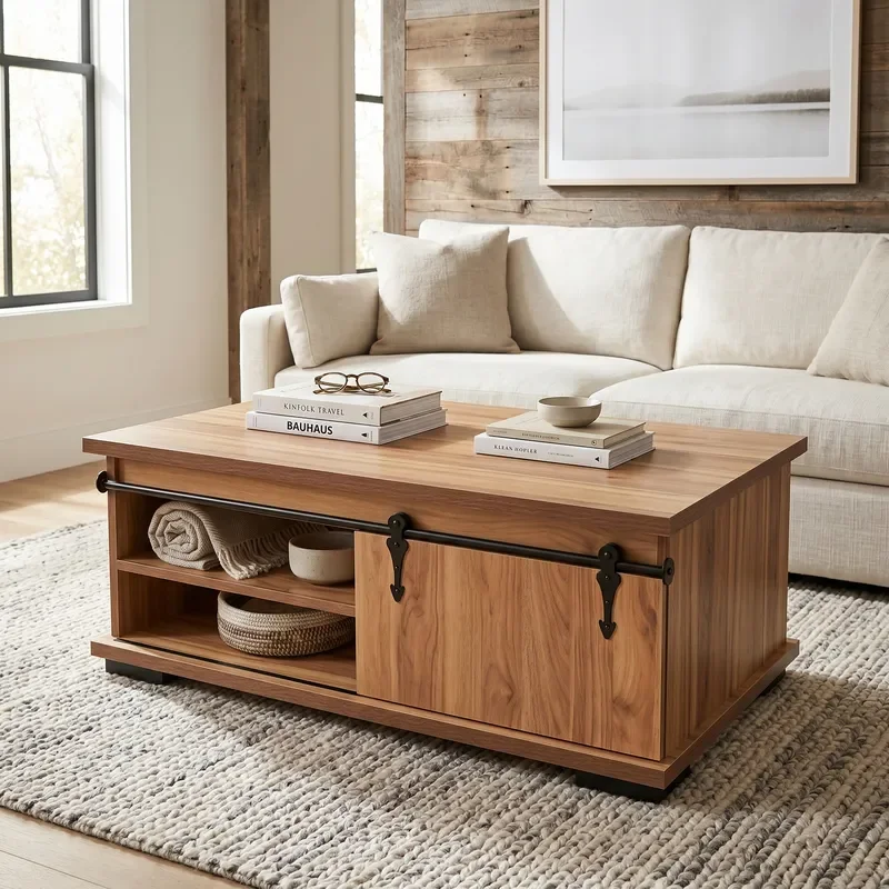 for Log Slide Rail Door Coffee Table Retro Living Room Storage Tea Table Multi-layer Board Large Capacity Factory Direct
