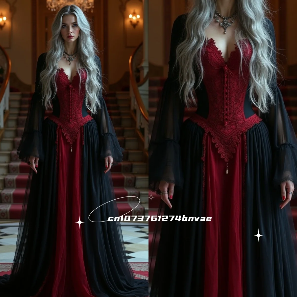 Vampir-Gothic-Abschlussballkleid, A-Linie, Burgunderrot und Schwarz, Abendkleid im Renaissance-Stil, Kleid für besondere Anlässe, langärmlig, individuell gestaltet