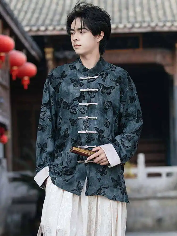 

New Chinese Sle Men's Long Sve irt Print Dyed Button up Spring Autumn Faion Retro Tang Costume Hanfu Jaet