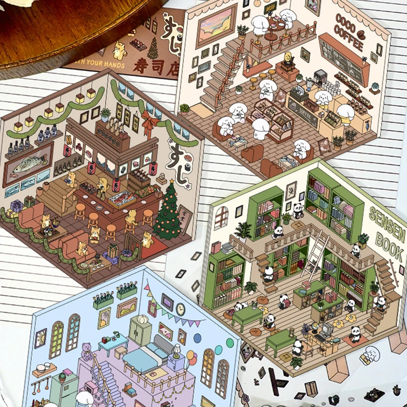 

1Set Cartoon Miniature Scene Stickers DIY Three-dimensional Cabin Scene Stacking Stickers Cute Hand Account Decoration Stickers