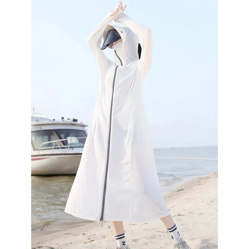 Sunscreen Girl New Long Summer Full-Body UV-Proof Ice Silk Breathable Thin Loose Long Sleeve Coat Women elastic force Hooded