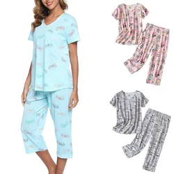 Women's S-2XL size Short sleeved capris set woven cotton home clothing set women's pajama set