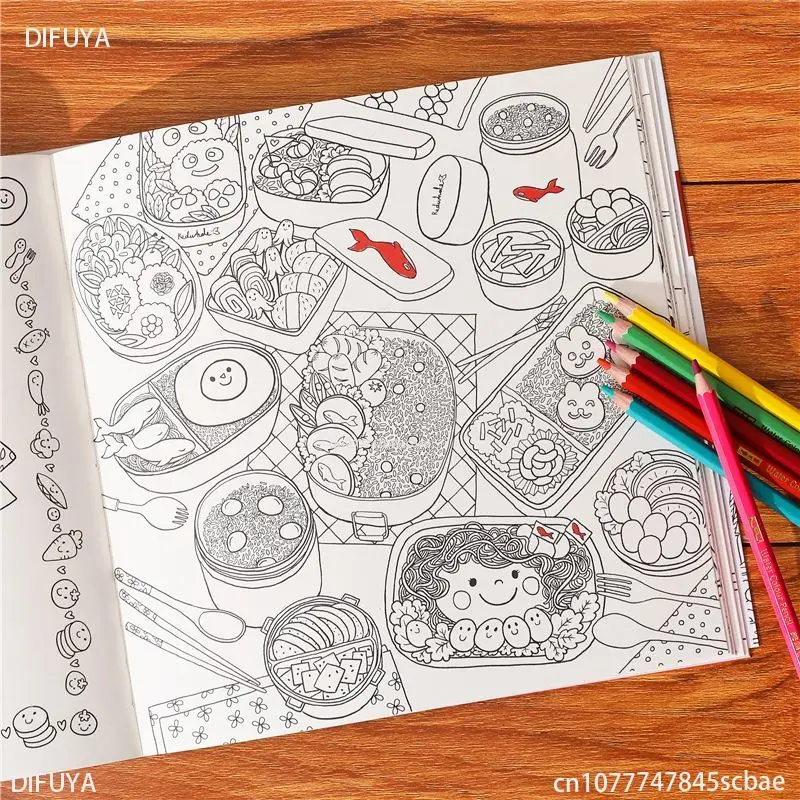 Imagem -04 - Livro de Colorir para Adultos Comida Deliciosa Tempo Leve Doodle Pintura Descompressão