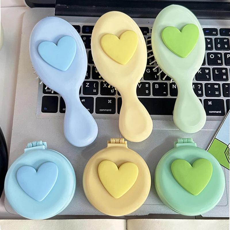 Portable Heart Comb 2 In 1 Mini Folding Comb Mirror Cute Air Cushion Bling Cosmetic Travel Pocket Hair Brush Makeup Tool Gift