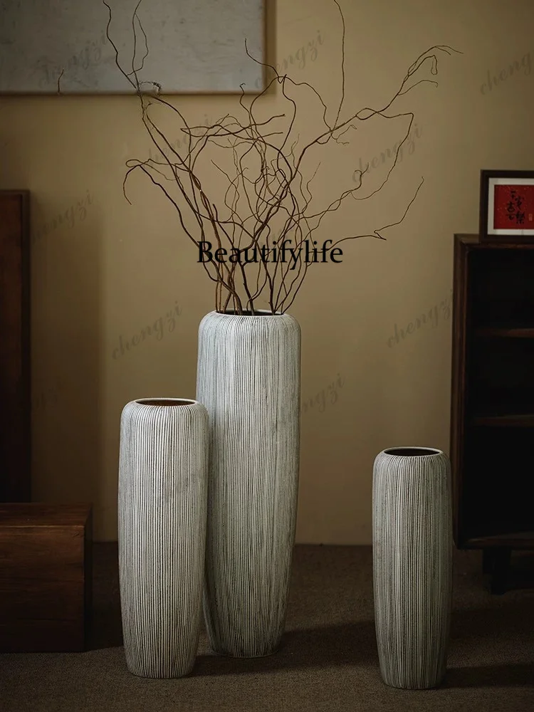 Floor-to-ceiling large vase beige vertical dry vase simple modern living room home decoration ornament