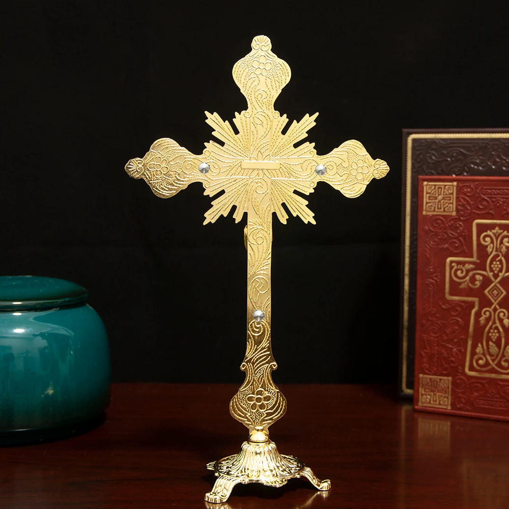 HTISOK Katholisches Jesus-Kreuz, stehendes katholisches Kreuz, katholisches Tischornament aus Zinklegierung, Geschenk für Freunde – Detail 4