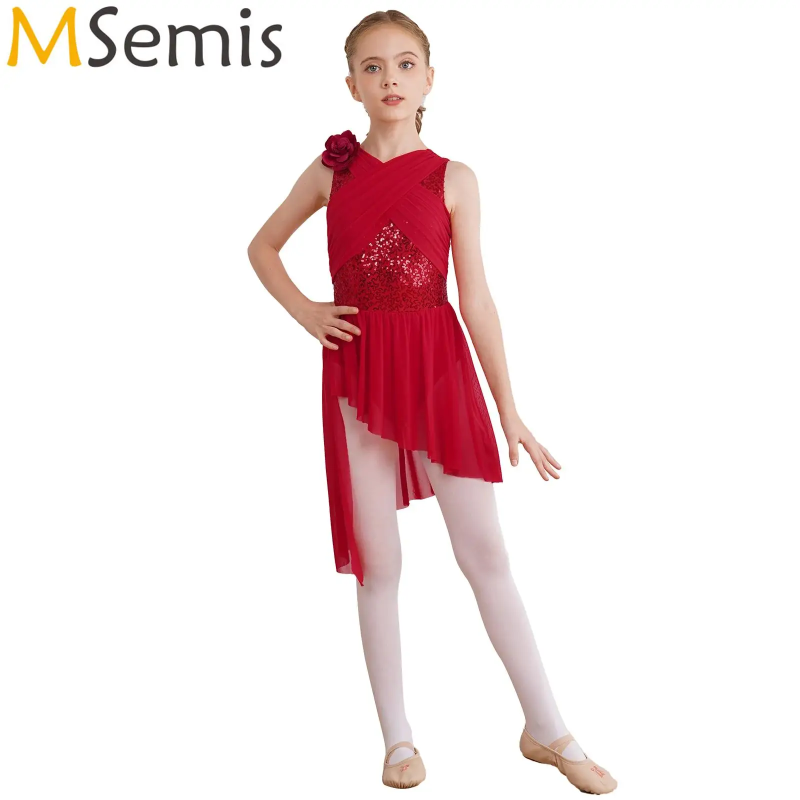 Girls Shiny Sequin Modern Lyrical Ballet Dance Dress Skirted Leotard with Flower Gymnastics Artistic Figure Skating Costume