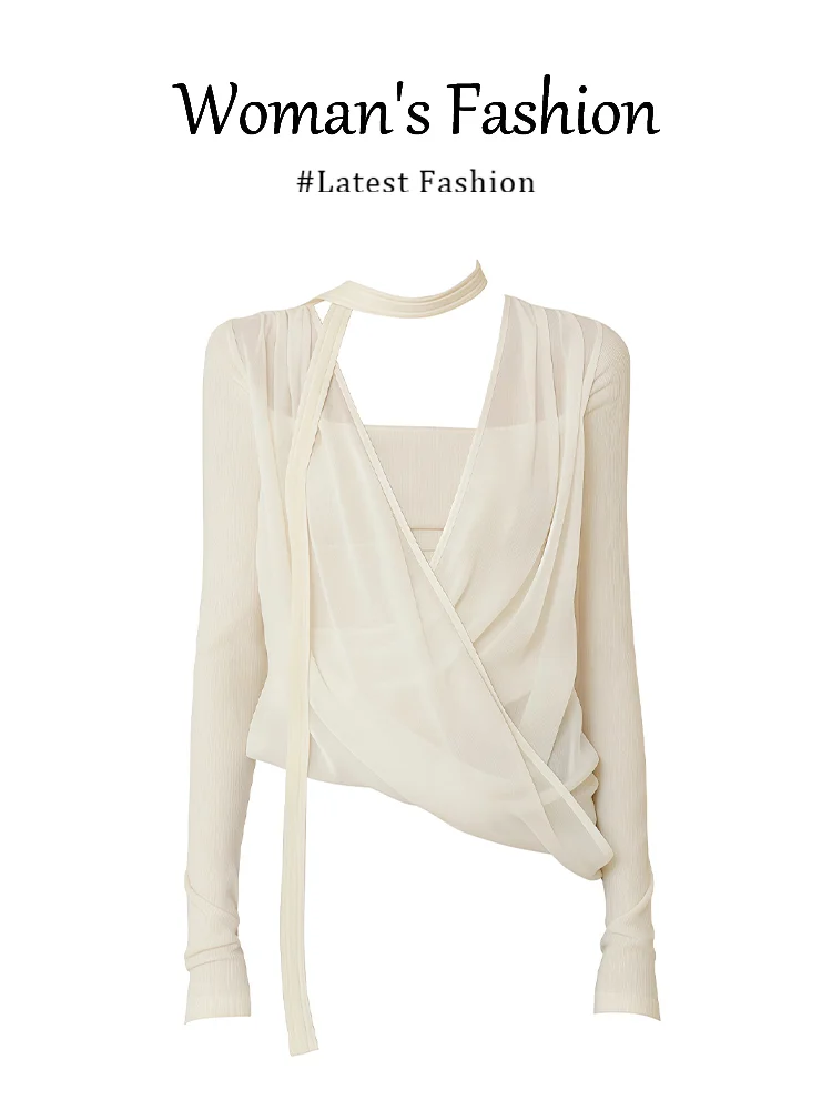 

Parkyeon Original Velvet Knitted Top with Folded Hem And Overlapping Mesh Fake Two-Piece Hanging Neck Design Casual Style Cit...