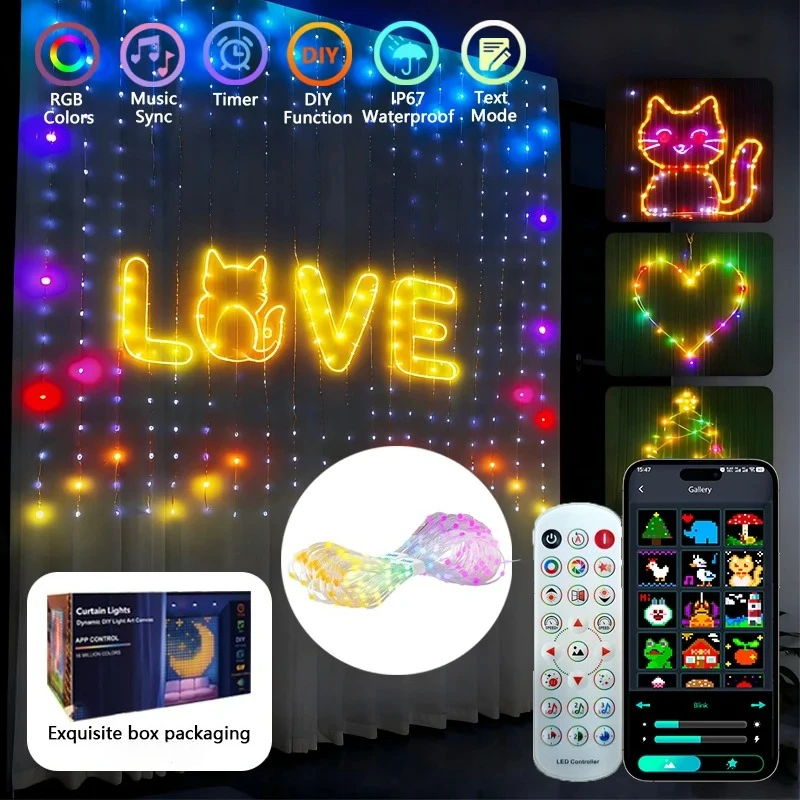 

400-800 LED Smart DIY RGB Curtain Light Music Sync Indoor Outdoor Christmas Party Decoration Star String