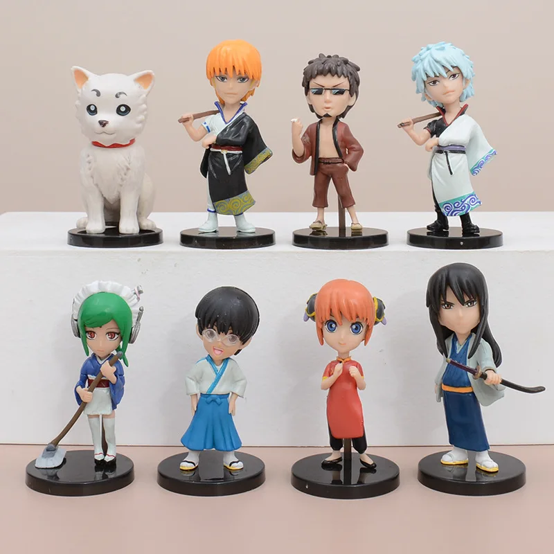 8 Pcs/Set GINTAMA 9cm Mini Figure Sakata Gintoki Shimura Shinpachi Leader Kagura Sadaharu Dolls With Box Ornaments