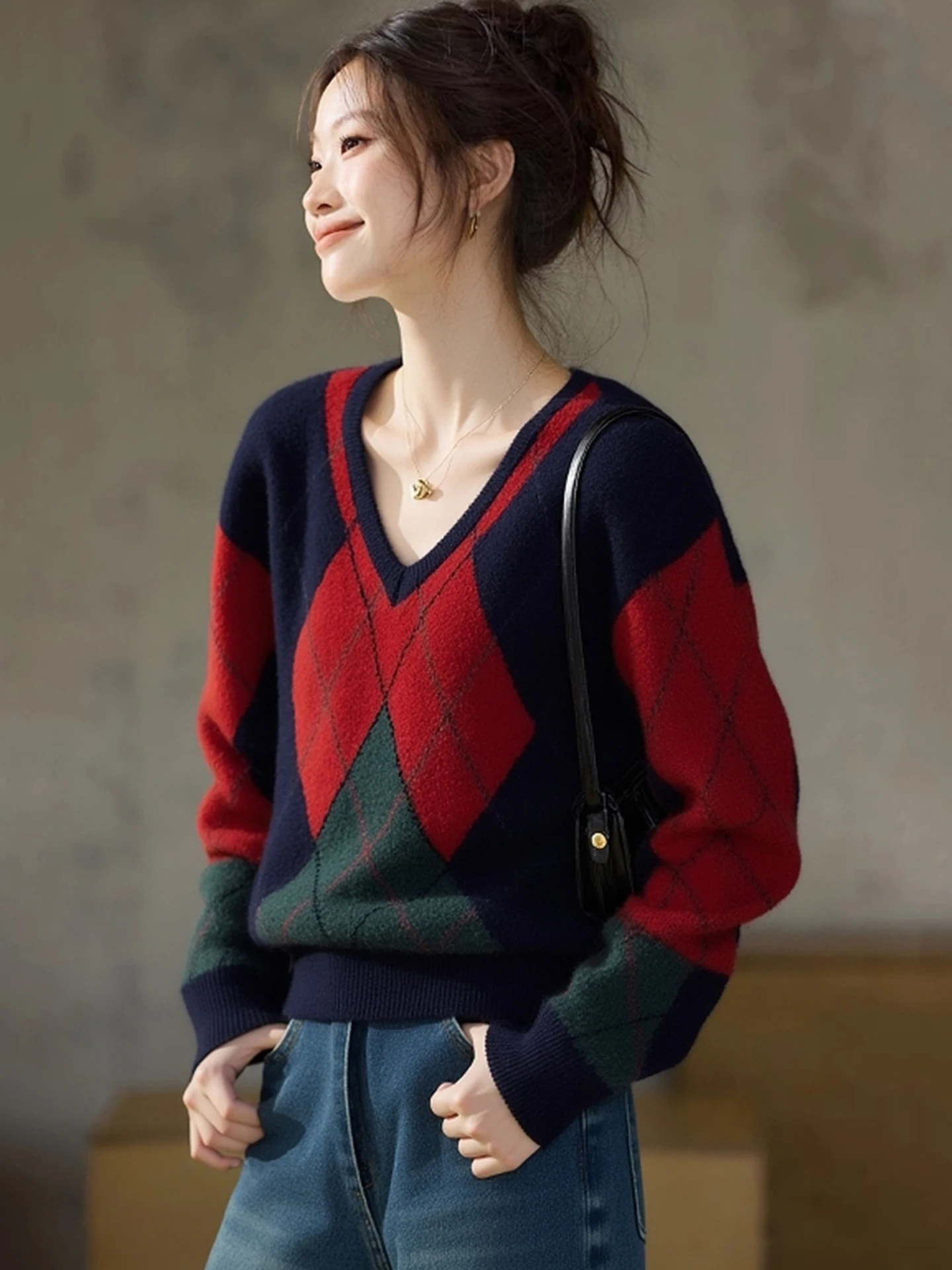 

Ретро Faion Color Blo Diamond V-Ne свитер, зимний роскошный антивозрастной вязаный топ Sli, женский топ Camere