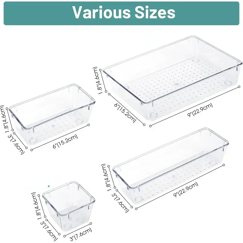 4pcs Clear Drawer Storage Box Plastic Desk Dresser Cosmetic Table Drawer Divider Box Makeup Storage Container Vanity Organizer