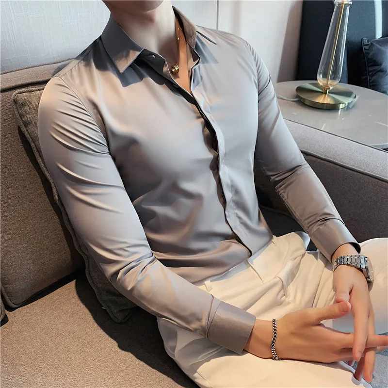 

Рубашка мужская с длинным рукавом, эластичная сорочка Slim Fit, однотонная Повседневная Формальная классическая, модная деловая одежда, осень 2023