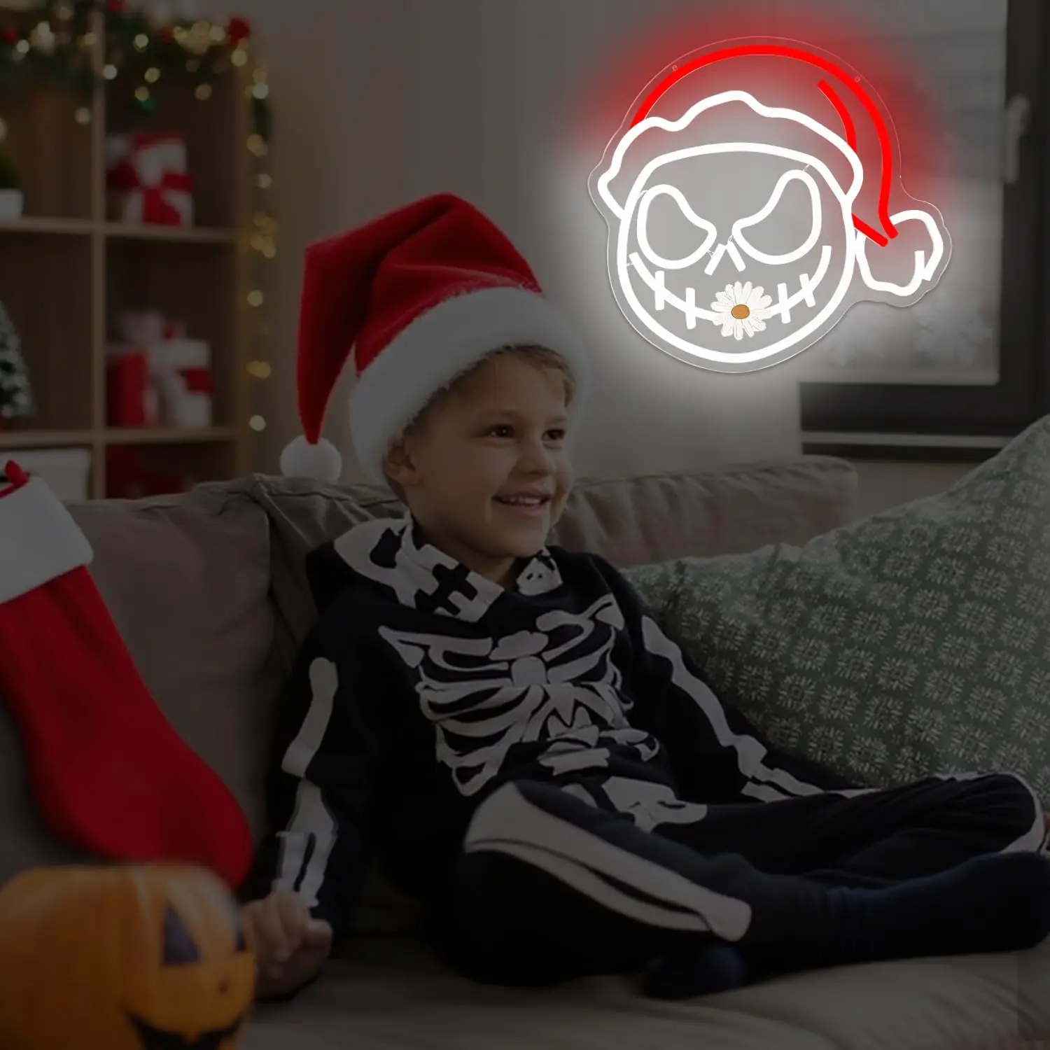 Christmas Skull  LED Neon Sign USB Dimmable Neon Light Sign for Gameroom Bedroom Bar Livingroom Birthday Party Gift Wall Decor