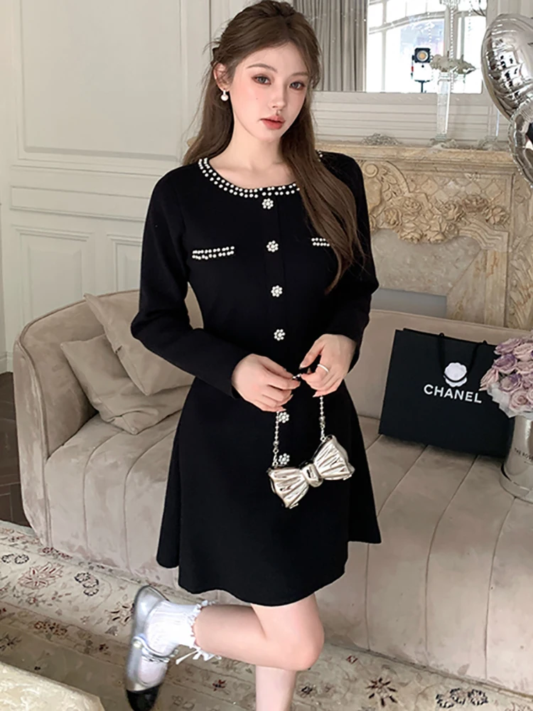 

Женское корейское элегантное роскошное праздничное платье, осень-зима, черное вязаное платье с бриллиантами и бисером, 2025 г., винтажное облегающее платье на день рождения