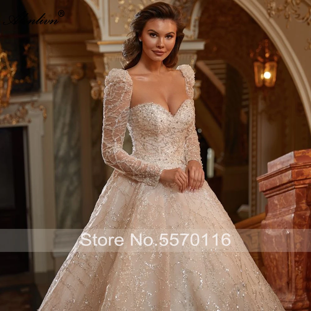 Alonlivn Wholeall Bling Lace Sweetheart A-Line Wedding Dresses Beading Pearls Embroidery Full Sleeves Bridal Gowns