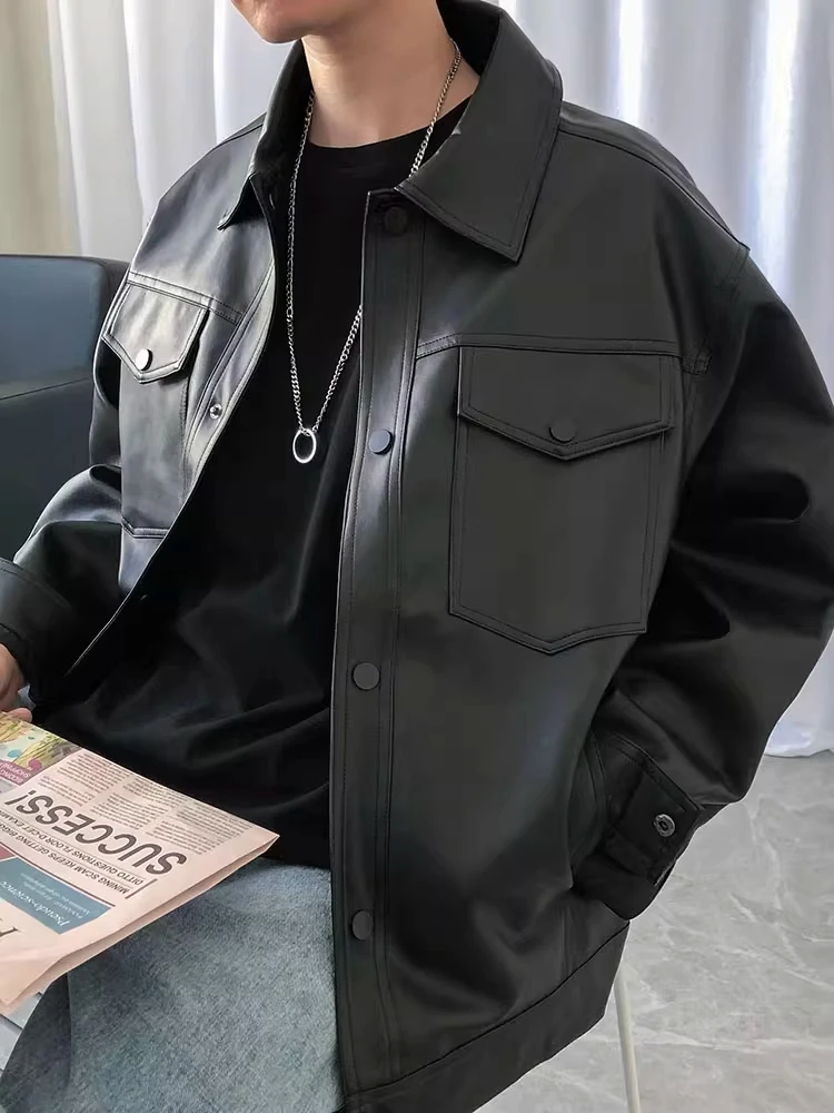 

High-End Men's Leather Jaet 2025 New Autumn American Sle Motorcycle Clothes Trendy Bla Loose Fit Multi-ket PU Leather