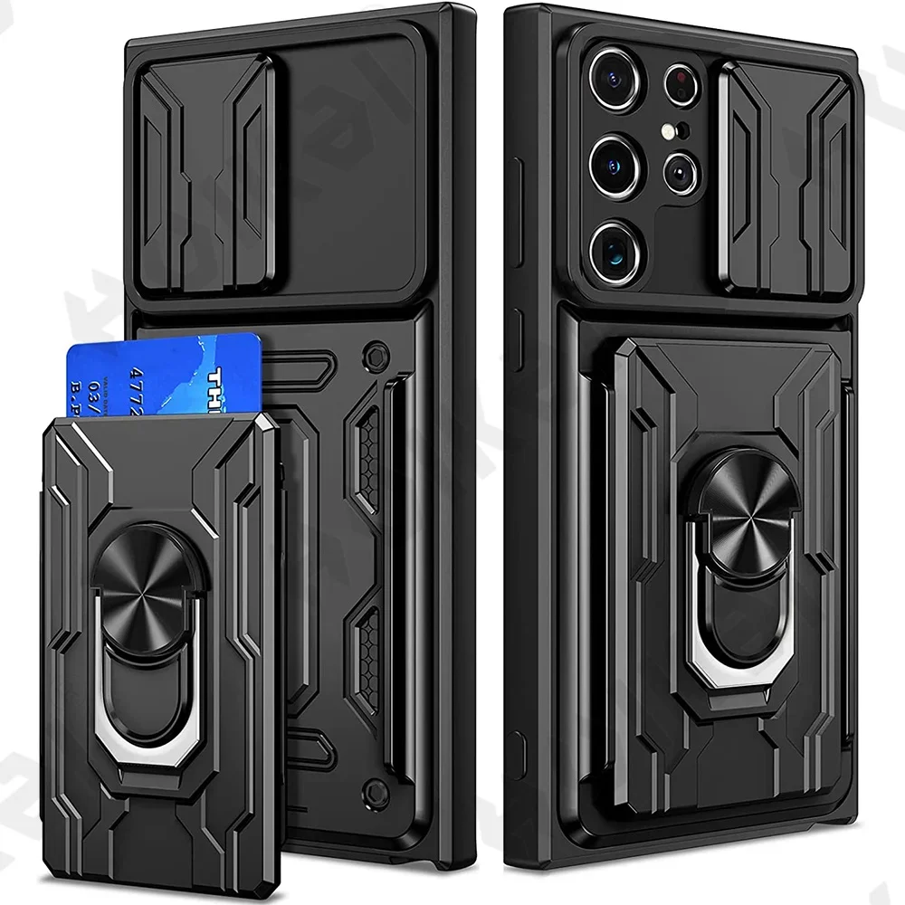 Case For Samsung Galaxy S25 S24 S23 S22 S21 Ultra Plus S20 FE A55 A35 A54 A14 4G 5G Slide Camera Card Holder 360° Ring Cover