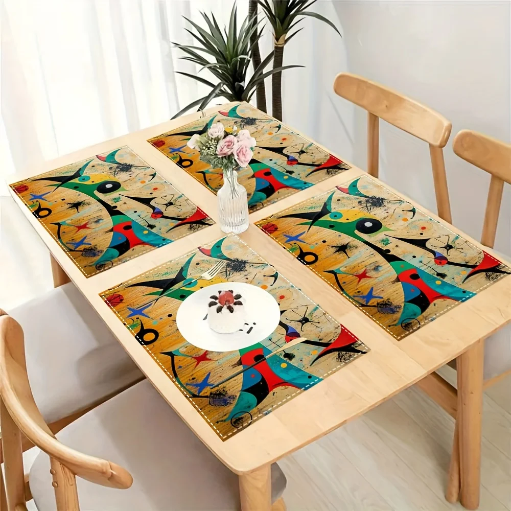 4-Pack Abstract Art Colorful Shapes Placemats Set of 4 Modern Design Linen Table Mats for Contemporary Dining