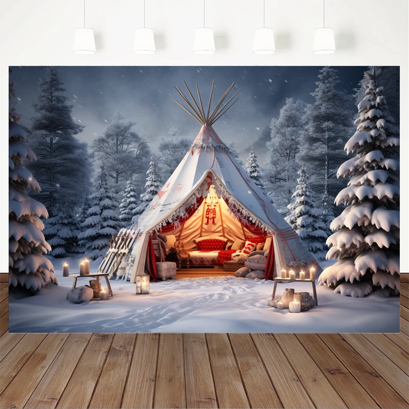 Moclicka tenda Natal latar belakang fotografi, salju musim dingin luar ruangan pohon Kemah pesta foto latar belakang Studio Photozone Tahun Baru