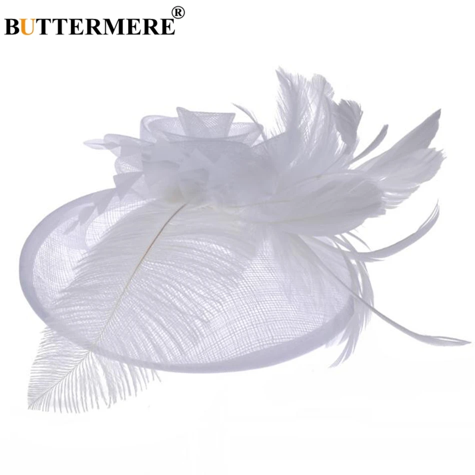 BUTTERMERE Women Party Hat Coffee Fedoras Ladies Feather Elegant Cap Flower Mesh Bride Hat Dance Fashion Wedding Hats White Blue