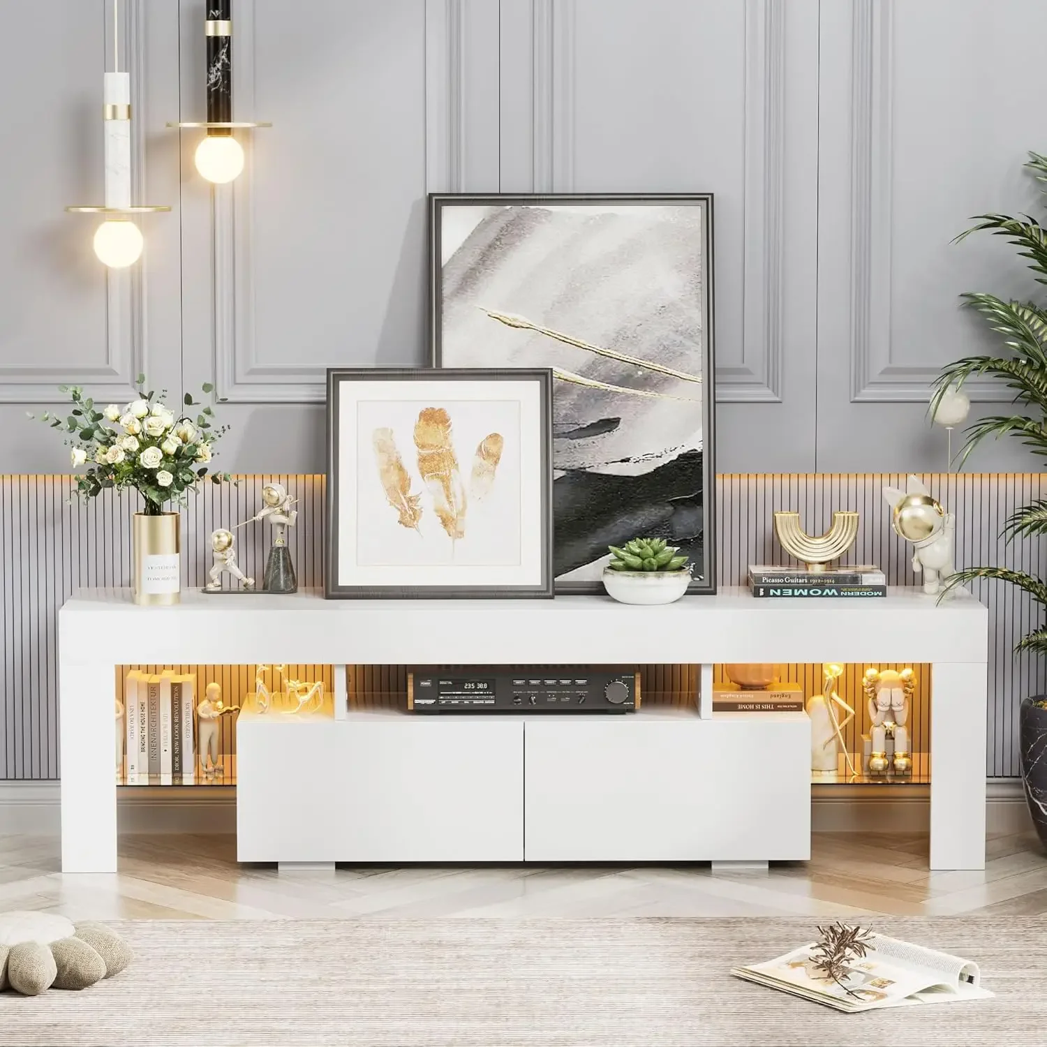 حامل تلفزيون LED حديث للتلفزيونات مع أرفف زجاجية ودرج، ومركز ترفيه الألعاب حتى 70 بوصة #4