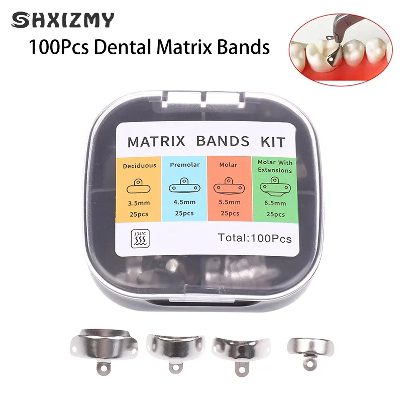 

100Pcs Mix Dental Matrix Bands Sectional Contoured Metal Matrices 3.5/4.5/5.5/6.5mm For Teeth Replacement Dentistry Supply