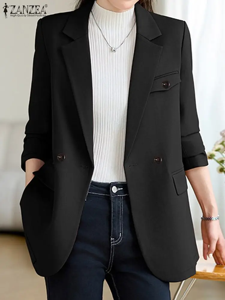 ZANZEA Fashion Women Blazer Autumn Lapel Neck Long Sleeve Suits Elegant Casual OL Work Jackets Solid Loose Office Thin Coats