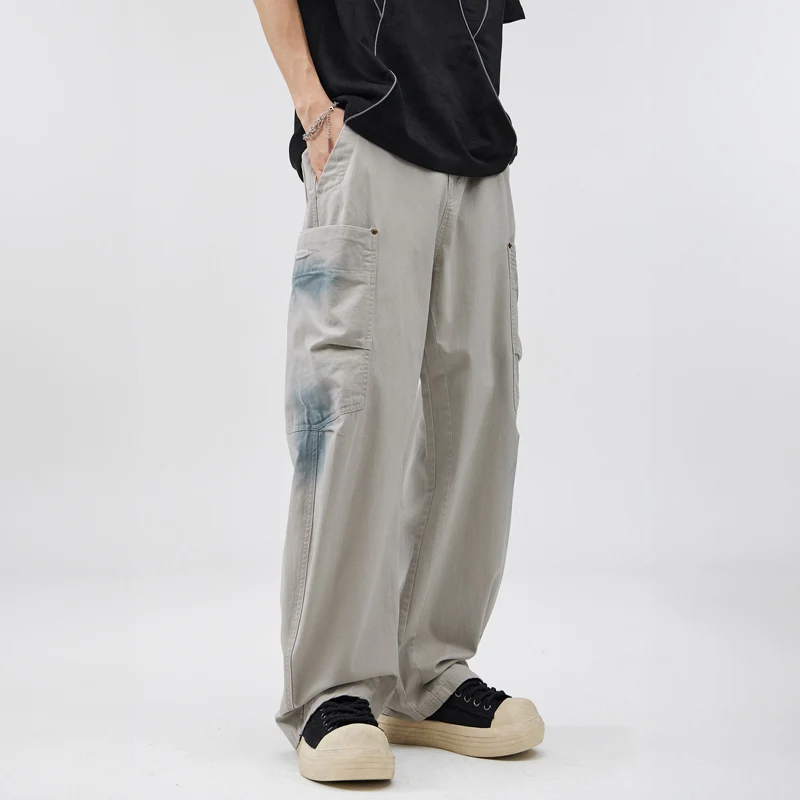 Men's 100% Cotton Baggy Trousers Sweatpants Wide Casual Lounge Joggers Multi Pockets Spring Summer Y2k Tie Dye Cargo Pants