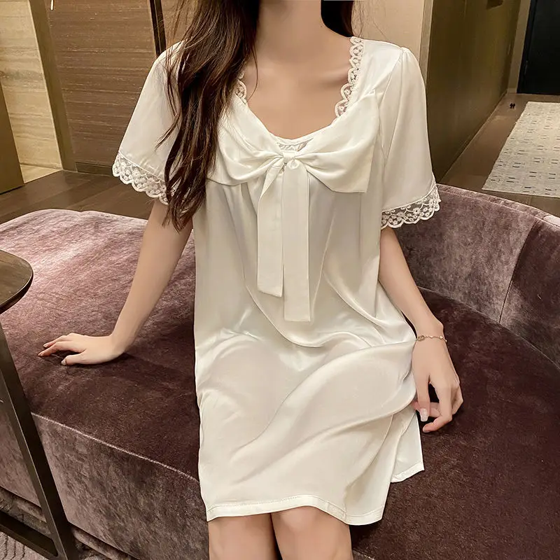 Kawaii Women Satin Bow Nightgown Sexy Lace Trim Sleepwear Casual Nightwear Lolita Home Dressing Gown Bride Sleepshirt Lingerie