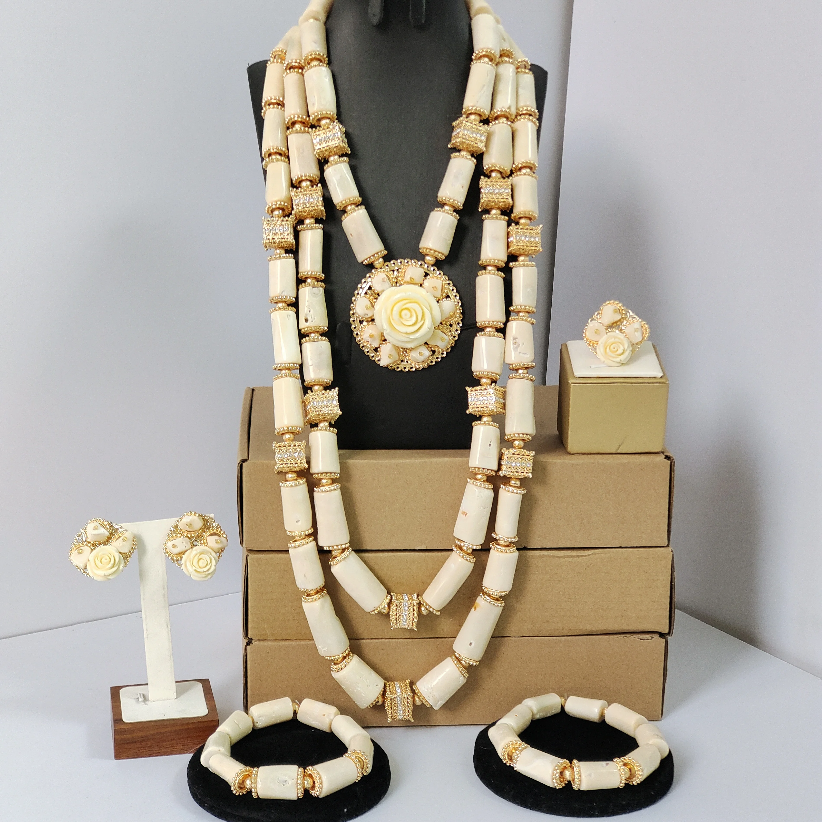 original orange nigerian coral bead jewelry set african wedding necklace bracelet earrings ring