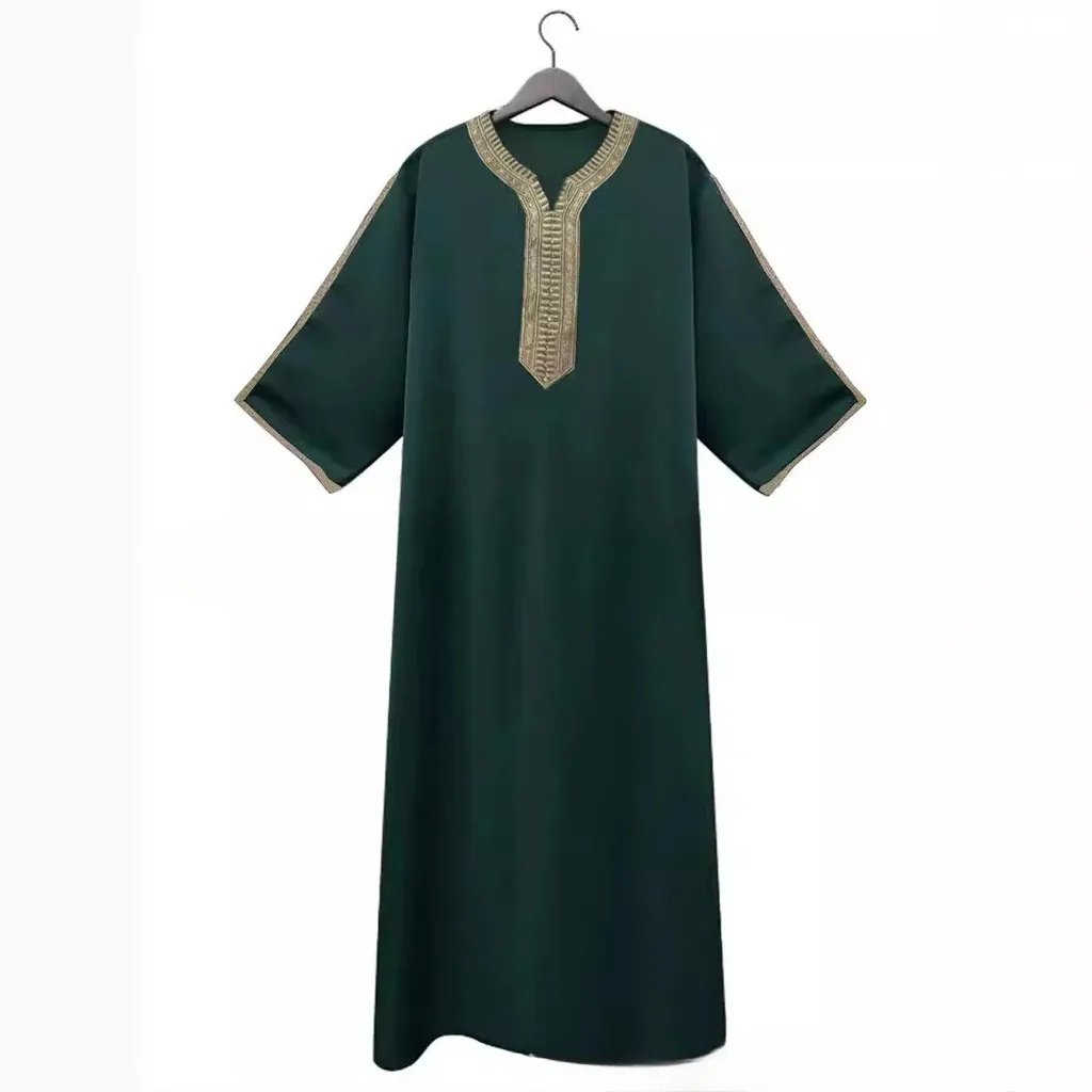 Eid Ramadan Raya Men'S Casual Thobe Blouse Mens Summer Middle Sleeved Lace Robe Solid Color Loose Business Shirt Arabic Robe