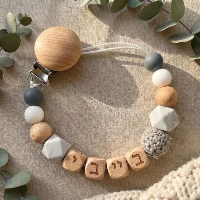 DIY Hebrew Personalized Pacifier Clip Custom Name Silicone Baby Teether Chain Dinosaur Dummy Holder BPA Free Baby Shower Gift