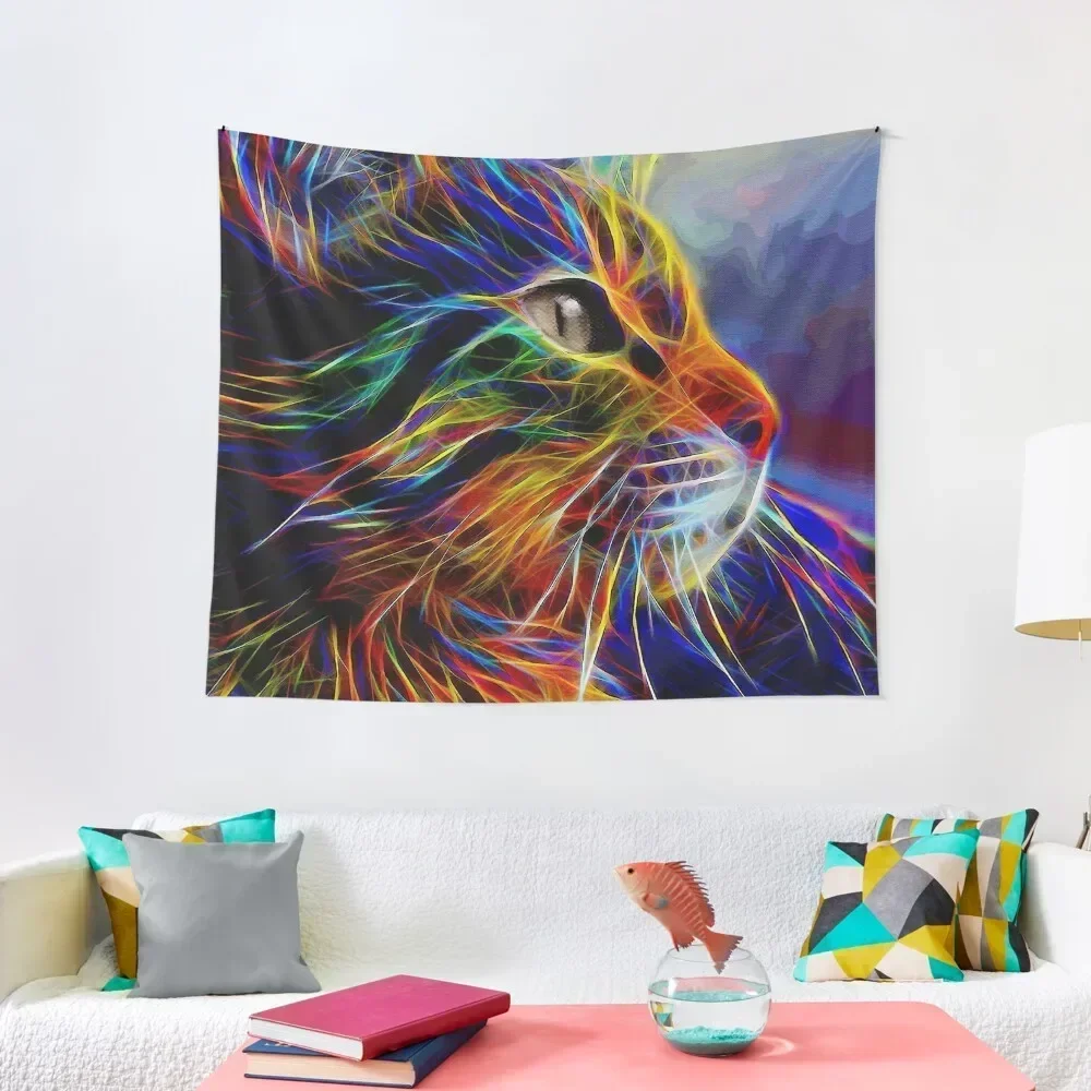 

Neon cat, cat, chat, gato, lea roche paintings Tapestry Carpet On The Wall Tapestry