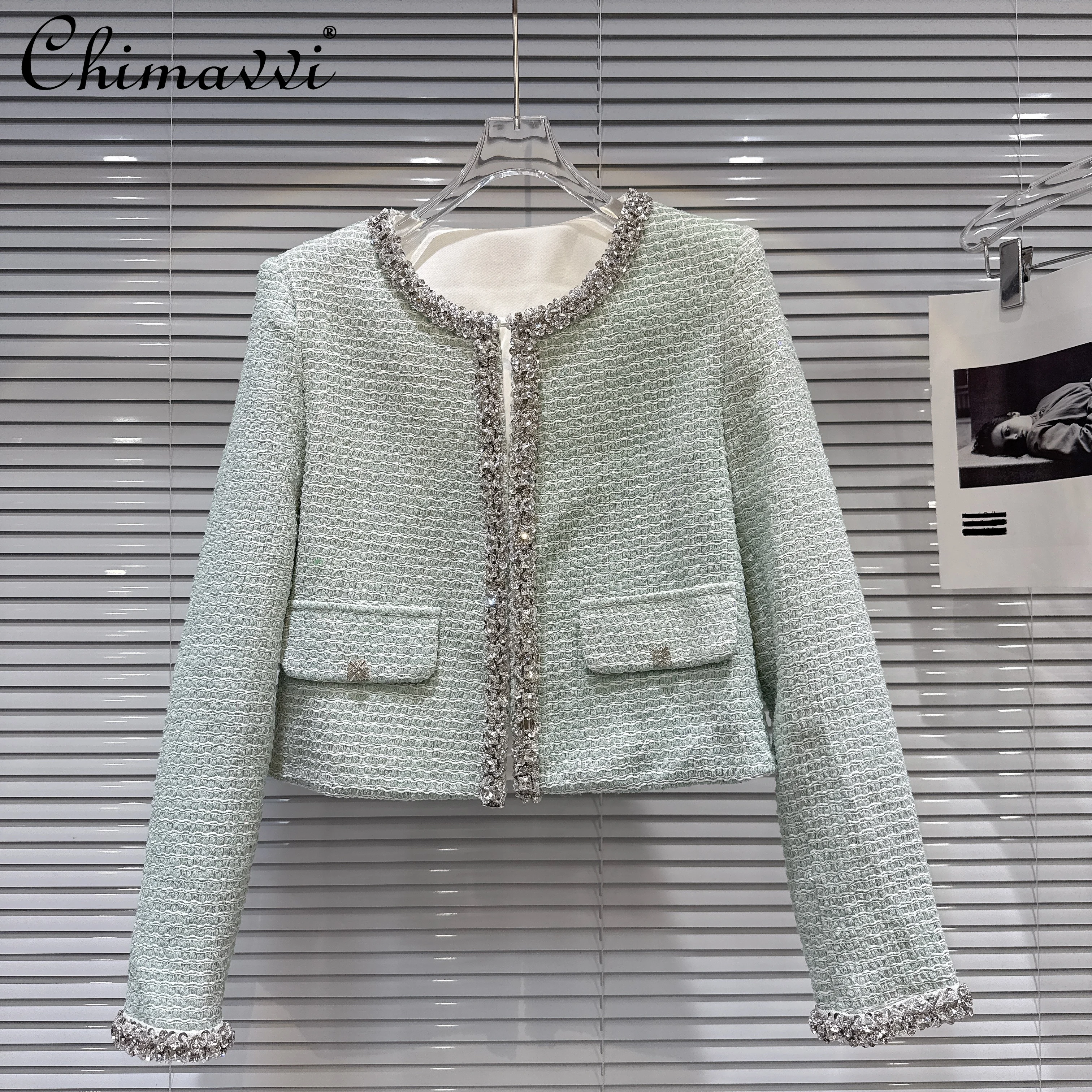 

2025 Autumn Clothes New Fashion Heavy Embroidery Rhinestone Edge Woven Tweed Coat Elegant Long Sleeve French Short Jacket Top