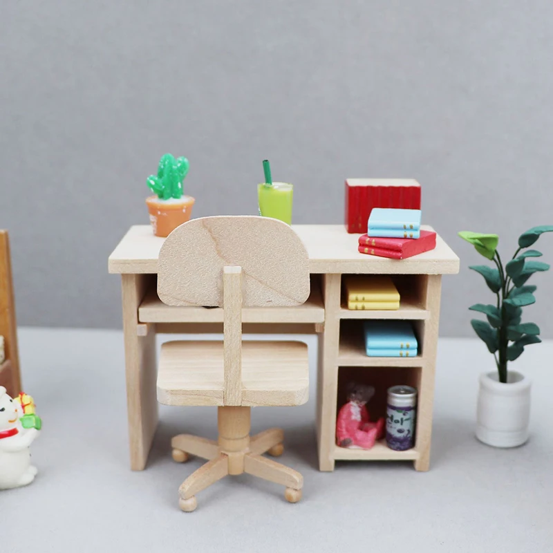 1:12 Scale Dollhouse Miniature Wooden Furniture Toy Set For Doll House Accessories Mini Dining Computer Desk Chair Model