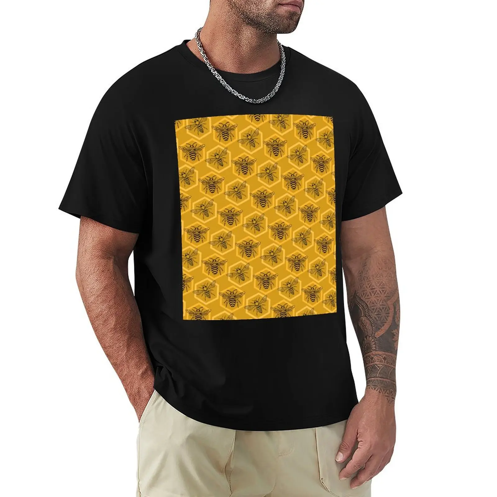 Honey Bees on a Hive of Hexagons T-Shirt Plus Size Street Style Tee
