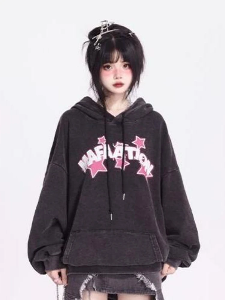 KOSAHIKI Spring Autumn Loose Hoodie Women Harajuku Gothic Star Print Vintage Hoody Streetwear Pullover Y2k Aesthetic Sweatshirt