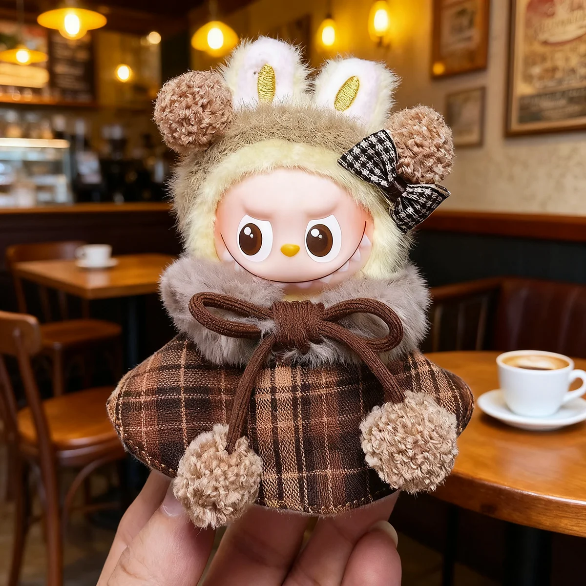 Plush Doll's Clothes for Mini Labubu 4.0 for Love Series Christmas Clothes Classic Grid Dress Cloak Set Clothing