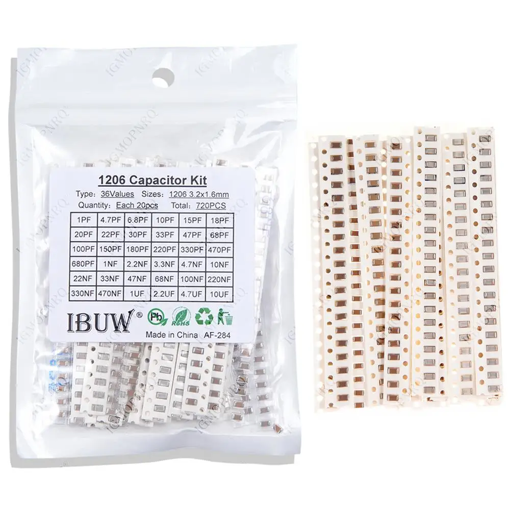 

36Values 1pF-10uF Electronic Capacitor set 1206 SMD Ceramic Capacitor assortment kit 22PF 47PF 22NF 100NF 2.2UF 4.7UF Capacitors