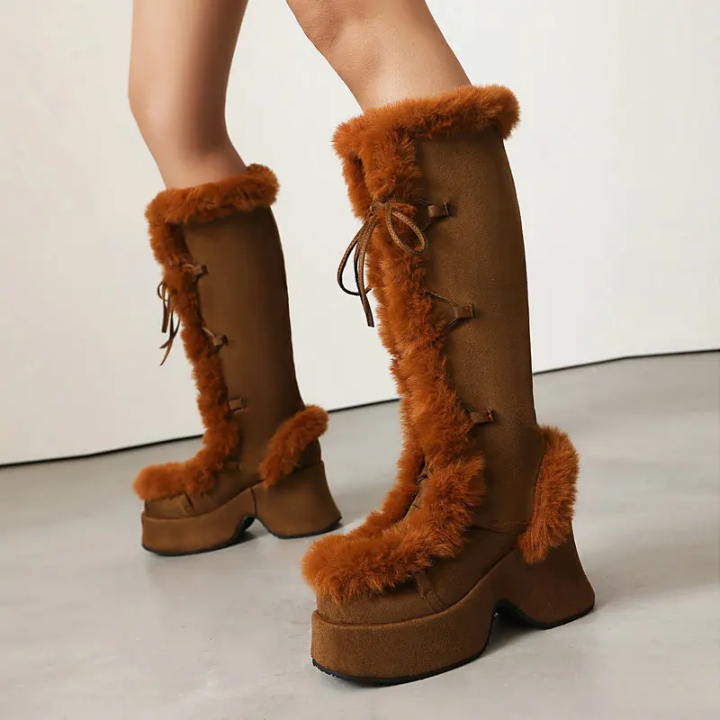 Lolita Style Furry Platform Boots for Women Thick Wedge Heel,Warm Knee High Winter Boots Lace Up Cosplay Daily Shoes Woman view 2