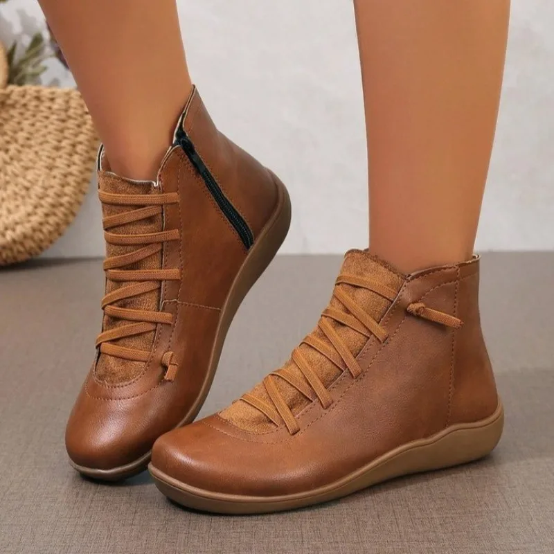 2026 New Round Toe Lace Up Retro Women's Ankle Boots Fashion Trendy Solid Color Comfortable Flat Heel Casual Outdoor Women Boots