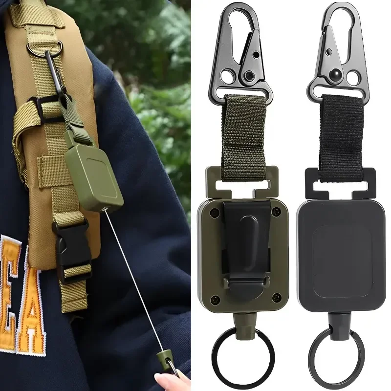 Retractable Duty Metal Carabiner Anti Lost Keychain Tactical Backpack Hooks Multi-purpose Steel Wire Badge Reels Outdoor Tools